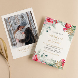 Watercolor Greenery Gold Christmas Wedding Photo Einladung