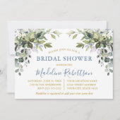 Watercolor Greenery Gold Dusty Blue Brautparty Einladung (Vorderseite)