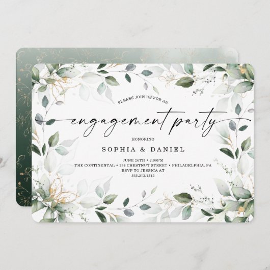 Watercolor Greenery Gold Engagement Party Einladung (Vorne/Hinten)