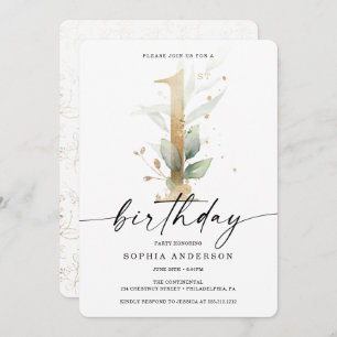 Watercolor Greenery Gold Erster Geburtstag 1. Invi Einladung