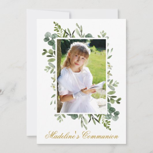 Watercolor Greenery Gold Erstkommunion Foto Einladung (Vorderseite)