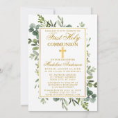 Watercolor Greenery Gold Erstkommunion Foto Einladung (Rückseite)