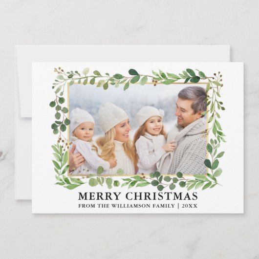 Watercolor Greenery Gold Frame Foto Weihnachten (Vorderseite)