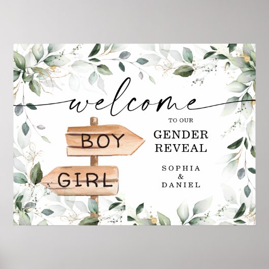 Watercolor Greenery Gold Gender Reveal Willkommen Poster (Vorne)