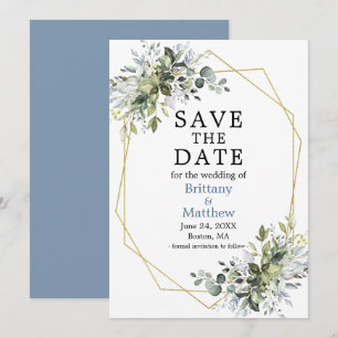 Watercolor Greenery Gold Geo Frame Dusty Blue Save The Date