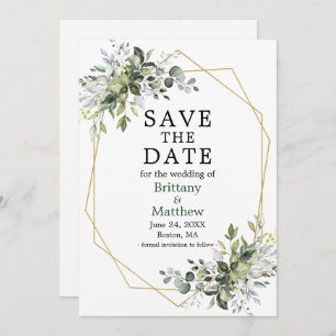Watercolor Greenery Gold Geo Frame Weiß Grün Save The Date