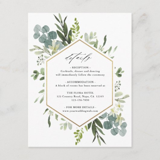 Watercolor Greenery Gold Hexagon Hochzeitsdetails Begleitkarte (Vorderseite)