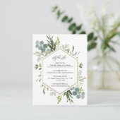 Watercolor Greenery Gold Hexagon Hochzeitsdetails Begleitkarte (Stehend Vorderseite)
