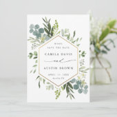 Watercolor Greenery Gold Hexagon Wedding Foto Save The Date (Stehend Vorderseite)