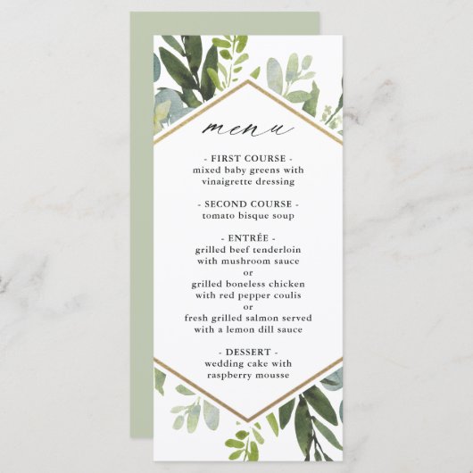 Watercolor Greenery Gold Hexagon Wedding Menükarte (Vorne/Hinten)