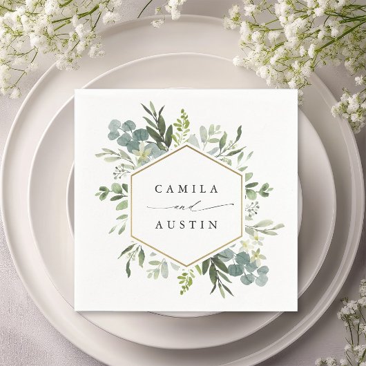 Watercolor Greenery Gold Hexagon Wedding Napkins Serviette