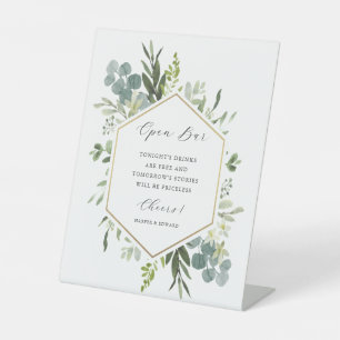 Watercolor Greenery Gold Hexagon Wedding Open Bar Sockelschild