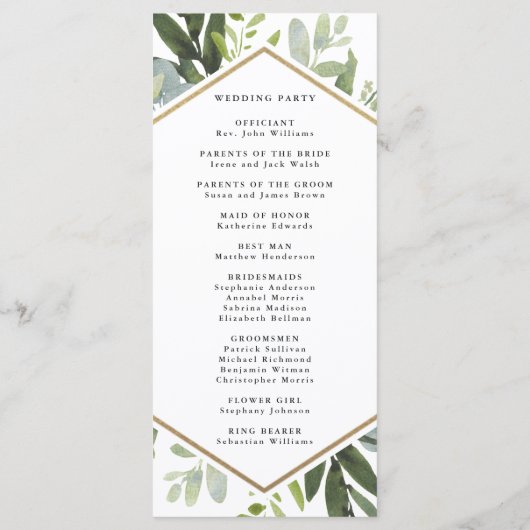 Watercolor Greenery Gold Hexagon Wedding Program Programm (Rückseite)