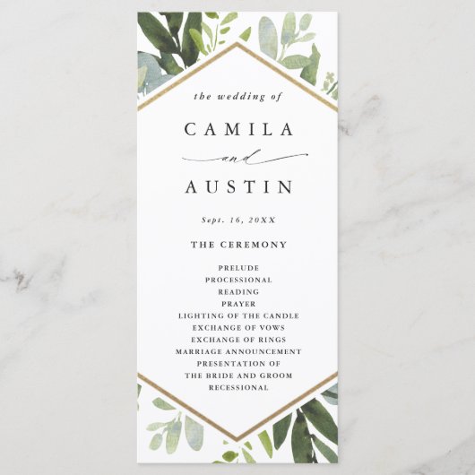 Watercolor Greenery Gold Hexagon Wedding Program Programm (Vorderseite)