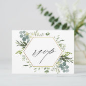 Watercolor Greenery Gold Hexagon Wedding RSVP Karte (Stehend Vorderseite)