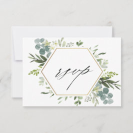 Watercolor Greenery Gold Hexagon Wedding RSVP Karte