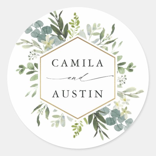 Watercolor Greenery Gold Hexagon Wedding Runder Aufkleber (Vorderseite)