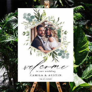 Watercolor Greenery Gold Hexagon Wedding Sign Poster