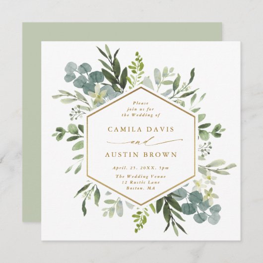 Watercolor Greenery Gold Hexagon Wedding Square Einladung (Vorne/Hinten)