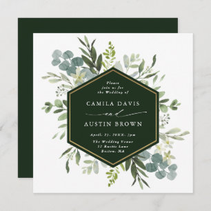 Watercolor Greenery Gold Hexagon Wedding Square Einladung
