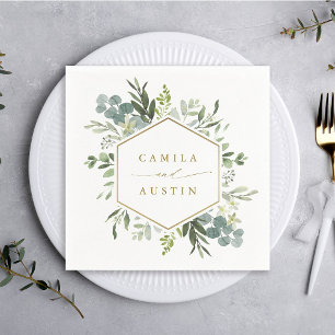 Watercolor Greenery Gold Script Hexagon Wedding Serviette