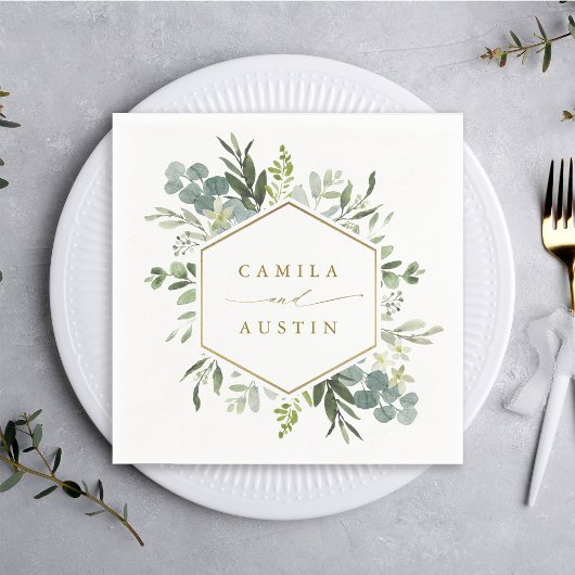 Watercolor Greenery Gold Script Hexagon Wedding Serviette