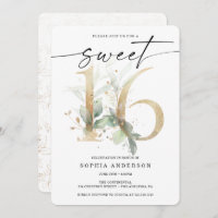 Watercolor Greenery Gold Sweet 16 Geburtstag