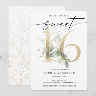 Watercolor Greenery Gold Sweet 16 Geburtstag Einladung