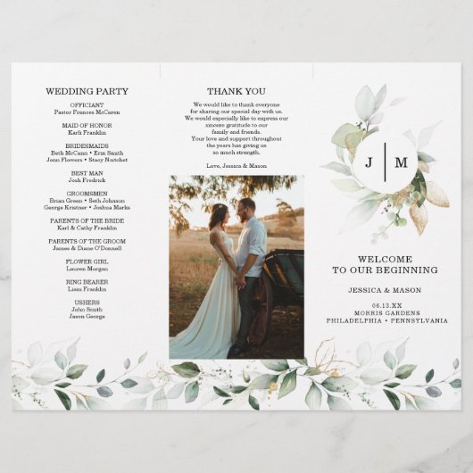 Watercolor Greenery Gold Trifold Wedding Program Flyer (Vorne)