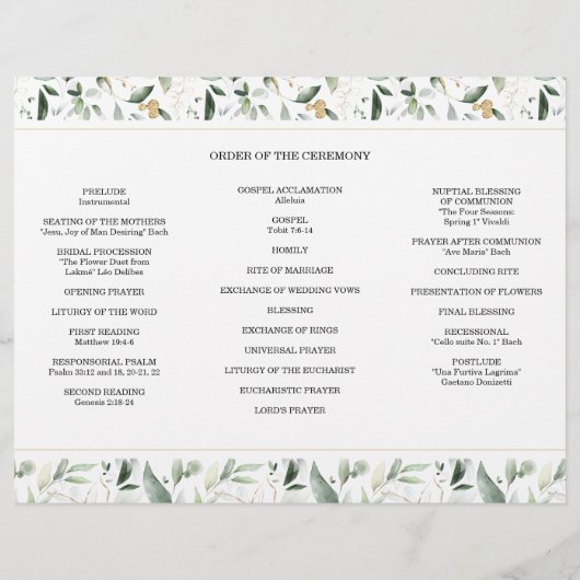 Watercolor Greenery Gold Trifold Wedding Program Flyer (Hinten)