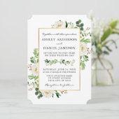 Watercolor Greenery Gold White Floral Wedding Einladung (Stehend Vorderseite)