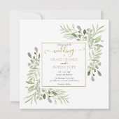 Watercolor Greenery Goldene geometrische SkriptWed Einladung (Vorderseite)