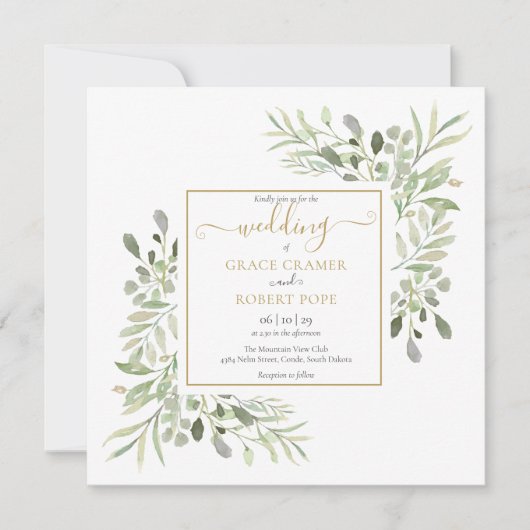 Watercolor Greenery Goldene geometrische SkriptWed Einladung (Vorderseite)