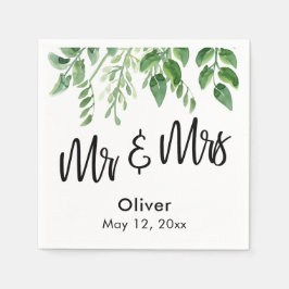 Watercolor Greenery Handwriting Mr & Mrs. Serviette