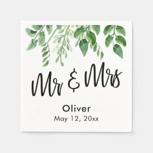 Watercolor Greenery Handwriting Mr & Mrs. Serviette