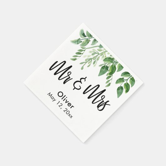 Watercolor Greenery Handwriting Mr & Mrs. Serviette (Ecke)