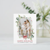 Watercolor Greenery Happy Holidays Red Bow Postkarte (Stehend Vorderseite)