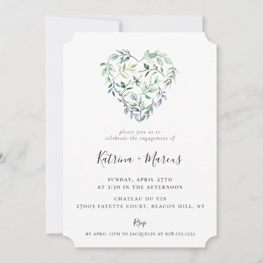 Watercolor Greenery Herzengagierungsparty Einladung (Vorderseite)