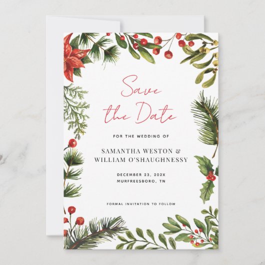 Watercolor Greenery Holiday Wedding Save The Date (Vorderseite)