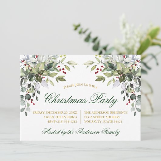 Watercolor Greenery Holly Gold Weihnachten Party Einladung (Stehend Vorderseite)