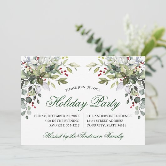 Watercolor Greenery Holly Holiday Party Einladung (Stehend Vorderseite)