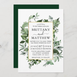 Watercolor Greenery Ivy Ferns Sage Gold Wedding Einladung