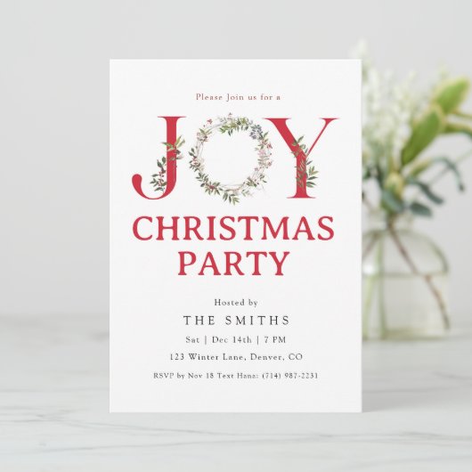 Watercolor Greenery JOY Christmas Party Invitation Einladung (Stehend Vorderseite)