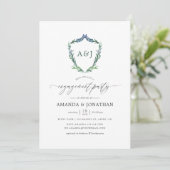 Watercolor Greenery Laurel Wappen Engagement Party Einladung (Stehend Vorderseite)
