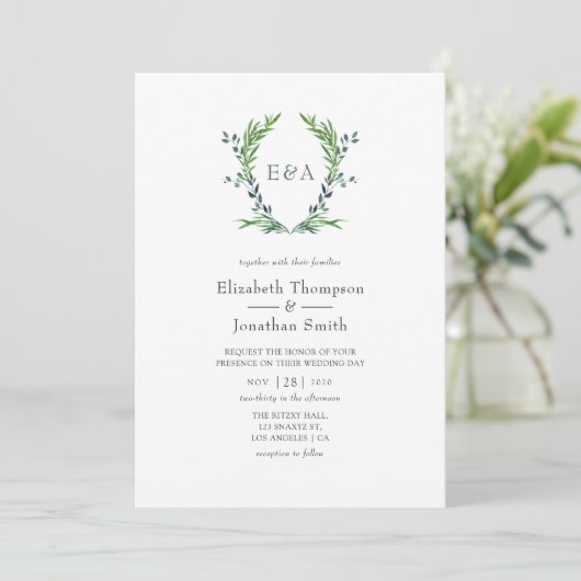 Watercolor Greenery Laurel Wappen Monogram Wedding Einladung (Stehend Vorderseite)