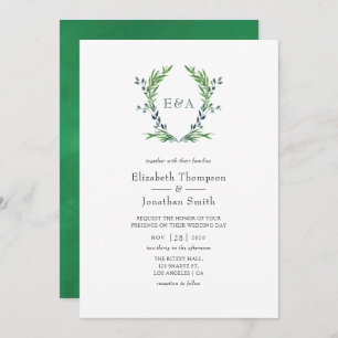 Watercolor Greenery Laurel Wappen Monogram Wedding Einladung