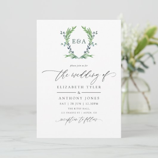 Watercolor Greenery Laurel Wappen Monogram Wedding Einladung (Stehend Vorderseite)