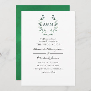 Watercolor Greenery Laurel Wappen Monogram Wedding Einladung