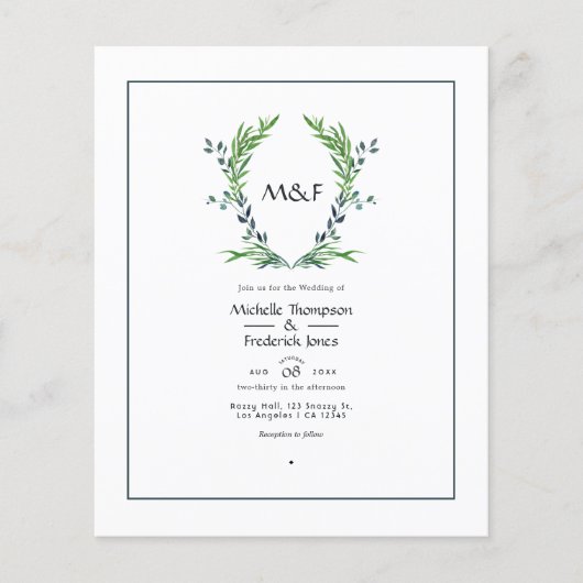 Watercolor Greenery Laurel Wappen Monogram Wedding Flyer (Vorne)
