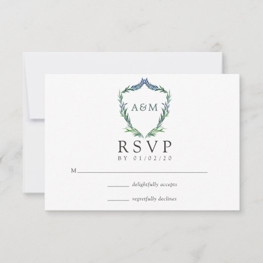 Watercolor Greenery Laurel Wappen Monogram Wedding RSVP Karte (Vorderseite)